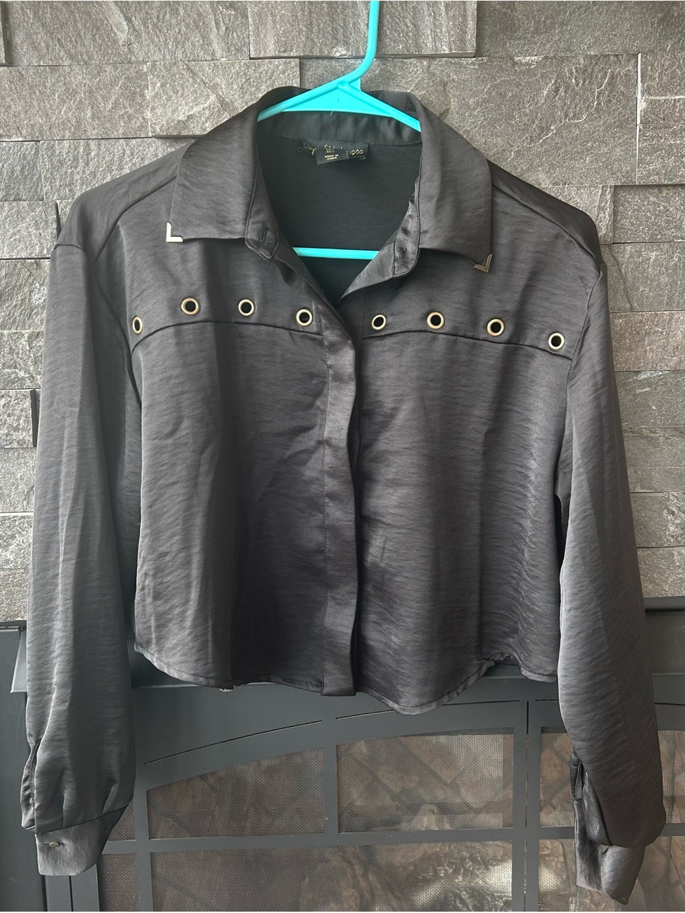 House of Harlow Black Satin Cropped Blouse w/ Brass Hardware Detailing